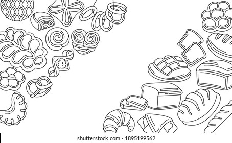 Bread cartoon line located at edges background for Menu Baking. Rye, whole grain and wheat loaf bread, pretzel, muffin, croissant. Linear baked goods bakery pastry. Vintage vector illustration