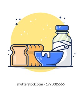 Bread, Cereal Oatmeal with Milk Bottle Vector Illustration. Breakfast Time, Breakfast Menu in Morning.  Flat Cartoon Style Suitable for Sticker, Wallpaper, Icon, etc.