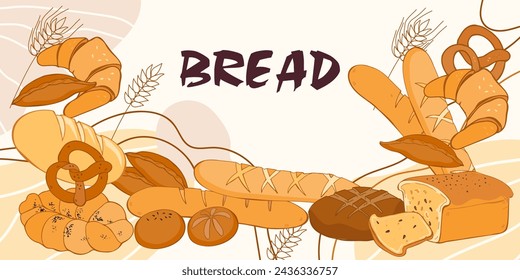 Bread and cereal products background for bakery, grains package and natural foods, hand drawn vector illustration isolated on white background.