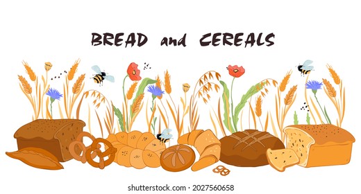 Brot und Müsli, Hintergrund. Bäckereiproduktion vor dem Hintergrund mit natürlichem Weizen- und Hafergetreide, Bienen und Feldblumen, flacher Vektorgrafik einzeln auf Weiß. Bakehouse- oder Bakeshop-Werbung.