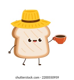 Bread character design. Cute funny bread toast character. Vector flat line cartoon kawaii character illustration icon. Toast with face character mascot. Farmer hat. Peasant hat vector.