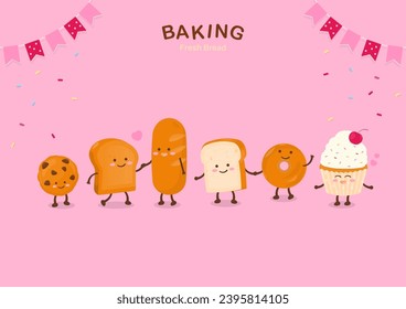 Bread character design elements with a flag and colored sprinkles on a pink background.