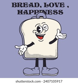 Bread Character Design With Slogan Bread, Love, Happiness