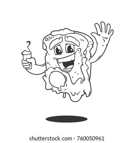 Bread character with egg and cup of coffee in black and white line art style,  can be used for some coloring book, vector illustration isolated on white background