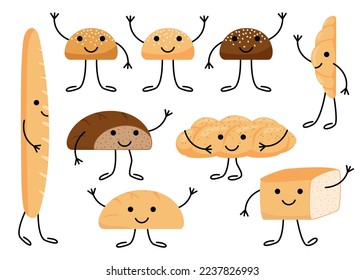 Bread character with face, cute eating group. Tasty kawaii bakery pastries, cartoon breads set. Happy bun for burger, loaf, bread brick, croissant, toast bread, French baguette, challah. Vector