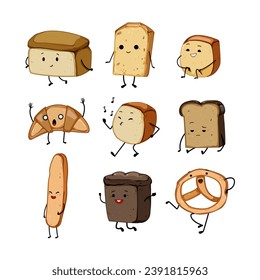 bread character set cartoon. food happy, breakfast cute, wheat comic bread character sign. isolated symbol vector illustration
