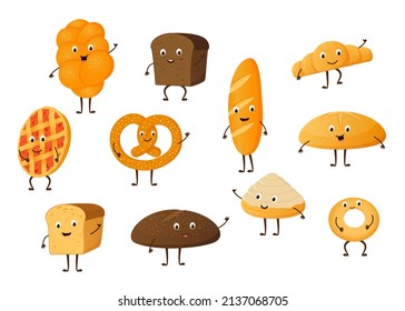 Bread characters. Cartoon bakery mascots with hands legs and funny faces for grocery and bakery. Vector set