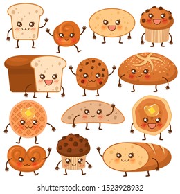 Bread characters. Funny bakery food faces icons, emoji cupcakes, pretzel and biscuit, cookie and loaf, fresh muffin cartoon biscuits vector tasty sweets pastry set