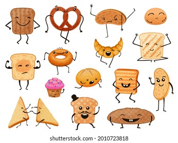 Bread characters. Funny cartoon bakery products, loaves, toasts and sweet pastry. Breakfast croissant and muffin with cute faces vector set. Illustration bakery toast and cartoon bread faces