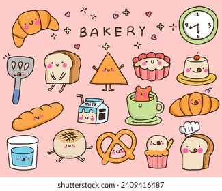 Bread characters. Funny tasty bakery pastries, cartoon happy breads faces character set, kawaii croissant and pastry, cute chocolate muffin and baguette expression illustration.