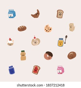 Bread characters milk 
croissant bread cake snack bagel cupcake jam honey yogurt 