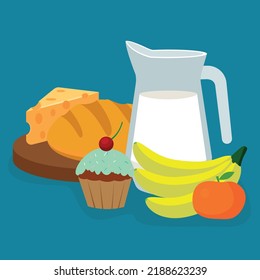 Bread, cheese, muffin, jug of milk, banana, tangerine