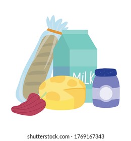 bread cheese pepper milk, food delivery in grocery store vector illustration