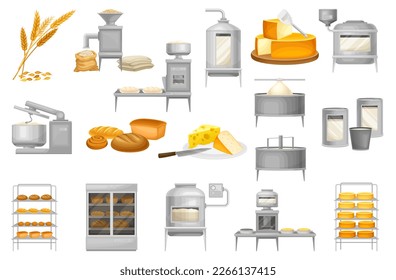 Bread and Cheese Production with Industrial Equipment and Ready Product Vector Set