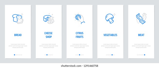 Bread, Cheese shop, Citrus Fruits, Vegetables, Meat Vertical Cards with strong metaphors. Template for website design.