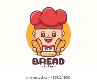 Bread chef mascot design. Bakery logo template, vector illustration in outline style.