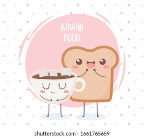 tazón de pan y chocolate con malvavisco kawaii caricatura de comida dibujo ilustración vectorial