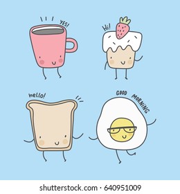 Bread, coffee, bacon, egg, cupcake, coffee. Cartoon food