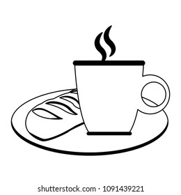 Bread and coffee breakfast on black and white colors