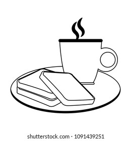 Bread and coffee breakfast on black and white colors