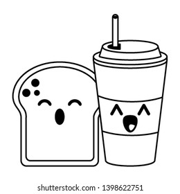 Bread and coffee cup kawaii cartoon in black and white