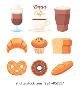 bread and coffee icon illustration, bread, croissant, bake ,donut, pretzel, coffee, iced coffee, cafe menus illustration