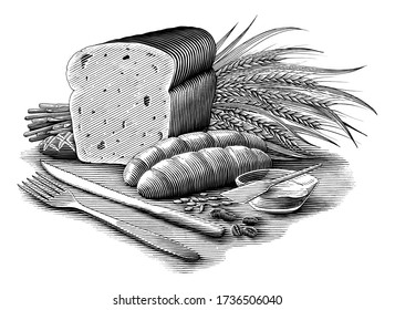 Bread collection illustration vintage engraving style black and white clipart isolated on white background