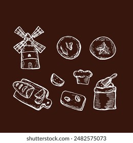 Kollektion im Retro-Stil. Skizze von Weizen, Brötchen, Croissant, Mehl, Mühle und andere Ikonen. Ländliche Elemente der Ernte, Bäckerei Shop.
