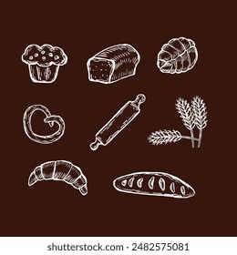 Colección de pan en estilo retro. Esbozo de trigo, pan, croissant, harina, molino y otros iconos. Elementos rurales de cosecha, panadería.