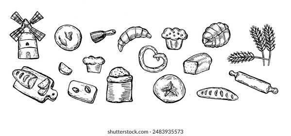 Bread collection in retro style. Sketch of wheat, bun, croissant, flour, mill and other icons. Rural elements of harvest, bakery shop.