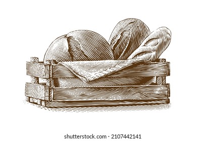 bread composition in basket Hand drawing sketch engraving illustration style