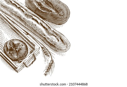 bread composition Hand drawing sketch engraving illustration style