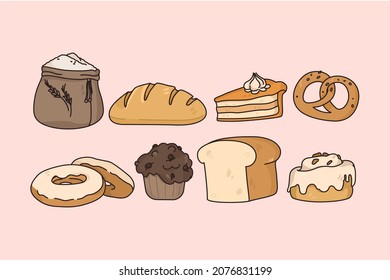 Bread confectionary and pastry concept. Set of fresh baked bread donut cupcake cake piece pastry and ingredients for baking vector illustration 