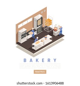 Bread and confectionery bakery interior isometric composition with staff kneading rolling dough industrial mixer oven vector illustration 