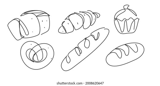 Brot im Stilrichtung der Kunst. Häkeliges Croissant, Kuchen, Brezel, Knochen. Getreidekunst. Vektorgrafik.