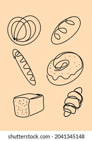 Bread in Continuous Line Art Style. Sketchy Croissant, Donut, Pretzel, Bun. Cereal Art. Vector Illustration.