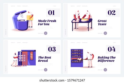 Bread Cooking on Factory Website Landing Page Set. Professional Bakers Prepare Dough, Kneading and Baking Buns and Mealy Production on Plant Workshop Web Page Banner. Cartoon Flat Vector Illustration