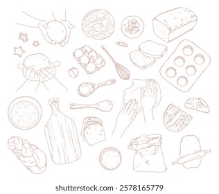 Bread cooking process in bakery shop sketch hand drawn set of traditional ingredients and utensils. Culinary recipe design element, baker hands and cookware for pastry preparation vector illustration