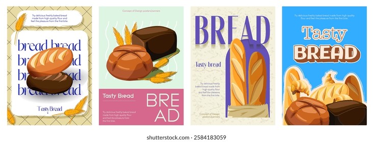 Bread cover typography template for advertising design. Food posters and greeting cards with fresh loaf of breads, buns and baguettes, bakery product menu, assortment in shop. Vector illustration.