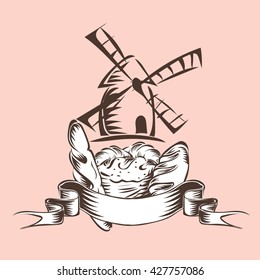 bread croissant baguette loaf with ribbon and windmill vector