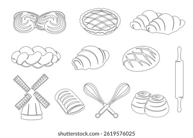 Bread, croissant, bun, apple pie continuous one line drawing icon set isolated on a white background. Whisk, rolling pin, windmill elements. Outline bakery collections. Vector illustration