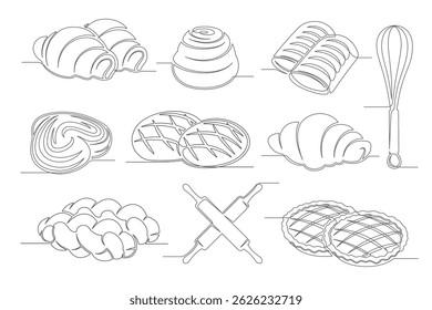 Bread, croissant, bun, applepie pie continuous one line drawing set isolated on a white background. Whisk, rolling pin elements. Outline bakery icon collections. Vector illustration
