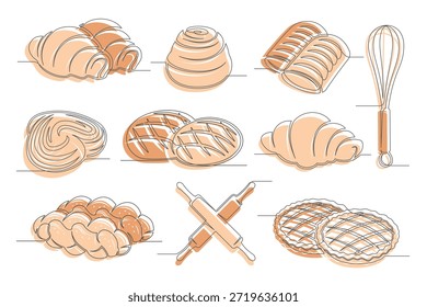 Pan, croissant, bollo, pastel de manzana continuo de una línea de dibujo conjunto aislado en un fondo blanco. Batidor, Elementos de rodillo. Esquema de colecciones de iconos marrones de panadería. Ilustración vectorial