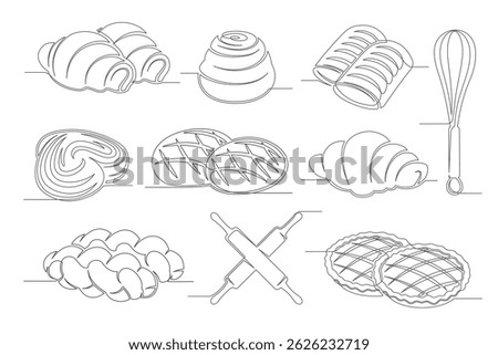 Bread, croissant, bun, applepie pie continuous one line drawing set isolated on a white background. Whisk, rolling pin elements. Outline bakery icon collections. Vector illustration