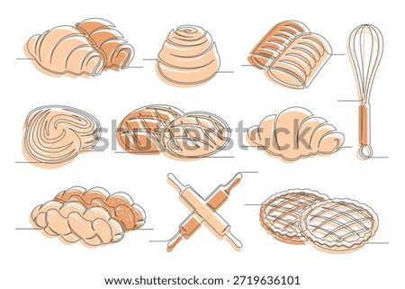 Bread, croissant, bun, applepie pie continuous one line drawing set isolated on a white background. Whisk, rolling pin elements. Outline bakery brown icon collections. Vector illustration