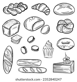 Bread, croissant, donut, cupcake, sketches, hand drawing baking, vector set	
