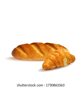 Bread and croissant low poly. Baguette on white background. Hot loaf. Delicious pastry. Vector illustration. Bun in triangulation technique.