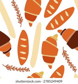 Bread and croissant scattered illustration composition in minimal bakery style isolated on white background.