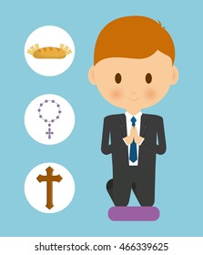 bread cross rosary boy kid cartoon icon. First communion concept. Flat and Colorfull illustration. Vector graphic