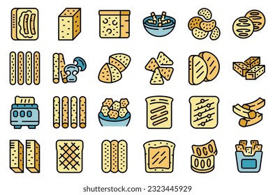 Bread croutons icons set outline vector. Food small. Cube bread thin line color flat on white